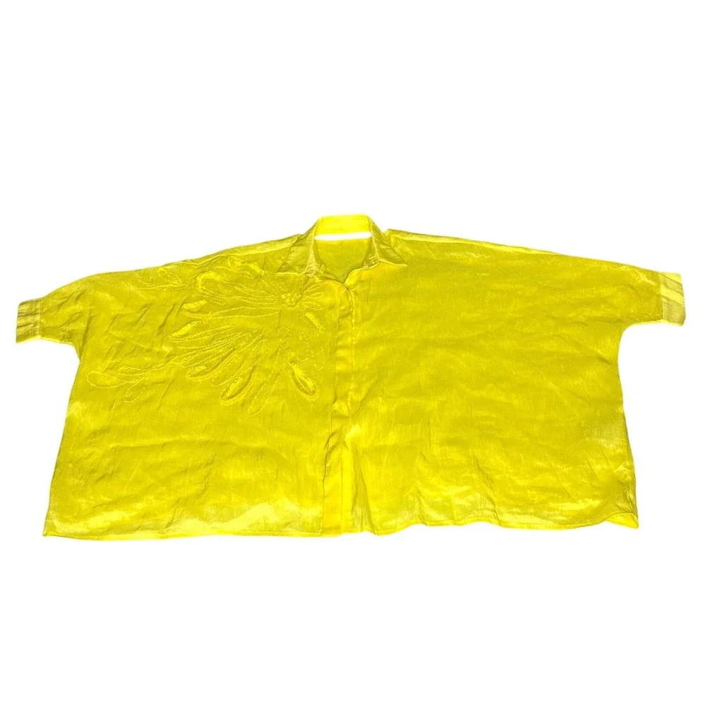Yellow Linen Silk Women's Oversized Floral Embroidered Boho Chic Shirt Size M